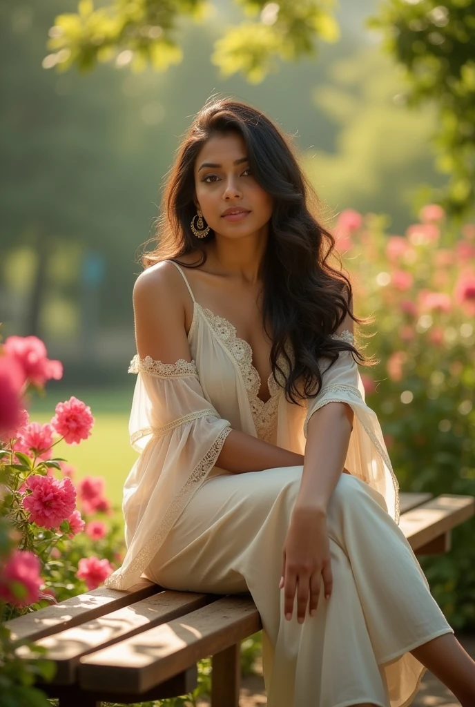 An ultra-realistic photograph captured with a Sony α7 III camera, equipped with an 85mm lens at F 1.2 aperture setting, portraying indian actress Shriya Saran sitting on a wooden bench in a sunlit park. The background is beautifully blurred, highlighting the subject. The park is adorned with lush greenery and blooming flowers, creating a serene atmosphere. Soft sunlight gracefully illuminates the subject’s face and hair, casting a dreamlike glow. The image, shot in high resolution and a 16:9 aspect ratio, captures the subject’s natural beauty and personality with stunning realism –ar 16:9 –v 5.2 –style raw