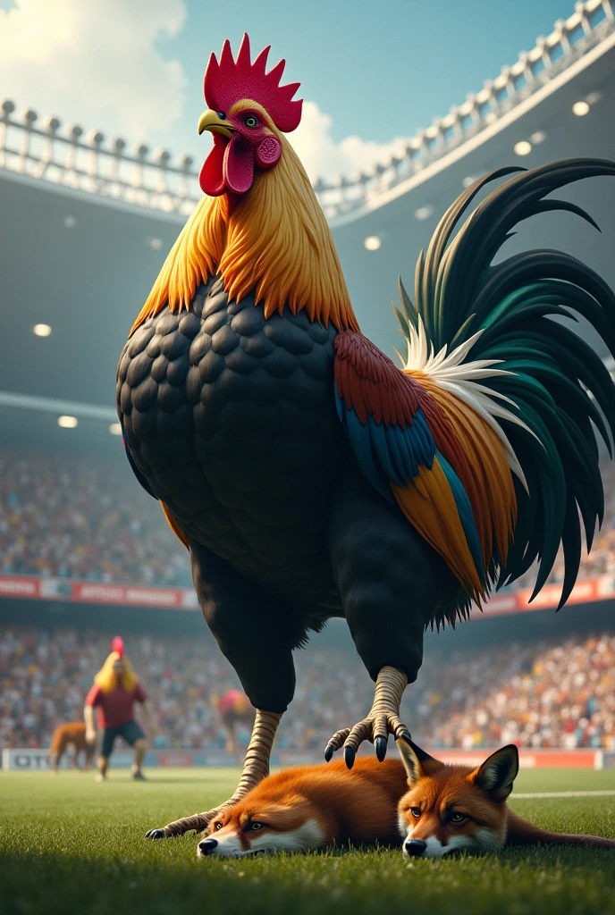 A very large and strong muscular ROOSTER with black and gold white feathers beating an injured and crying fox inside a football stadium with the Atlético Mineiro symbol in the background 