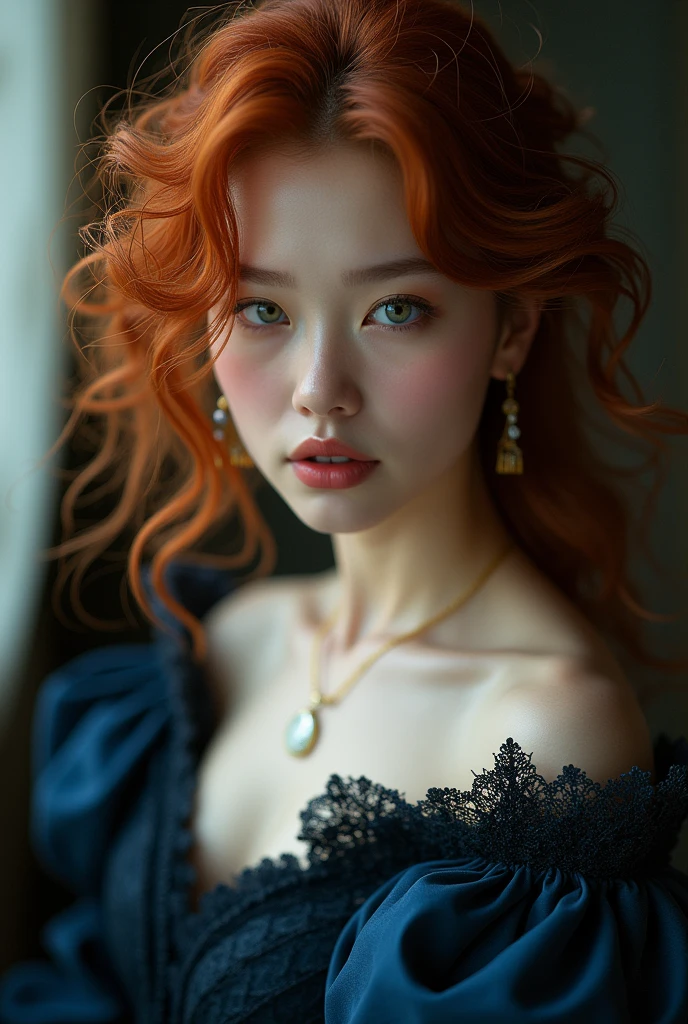 A woman with features of singer IU, with curly red hair, with loose hair and gray eyes. Standing in a dark blue Victorian era dress.