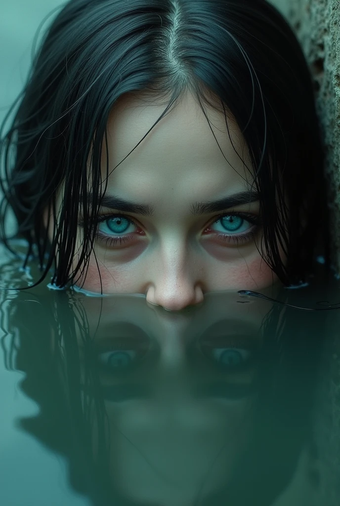 the face of woman with beautiful blue eyes, in water, in the style of dystopian realism, realistic perspective, xbox 360 graphics, surrealistic realism, emotive realism, soggy, eerily realistic --ar 9:16 --stylize 750 --v 6