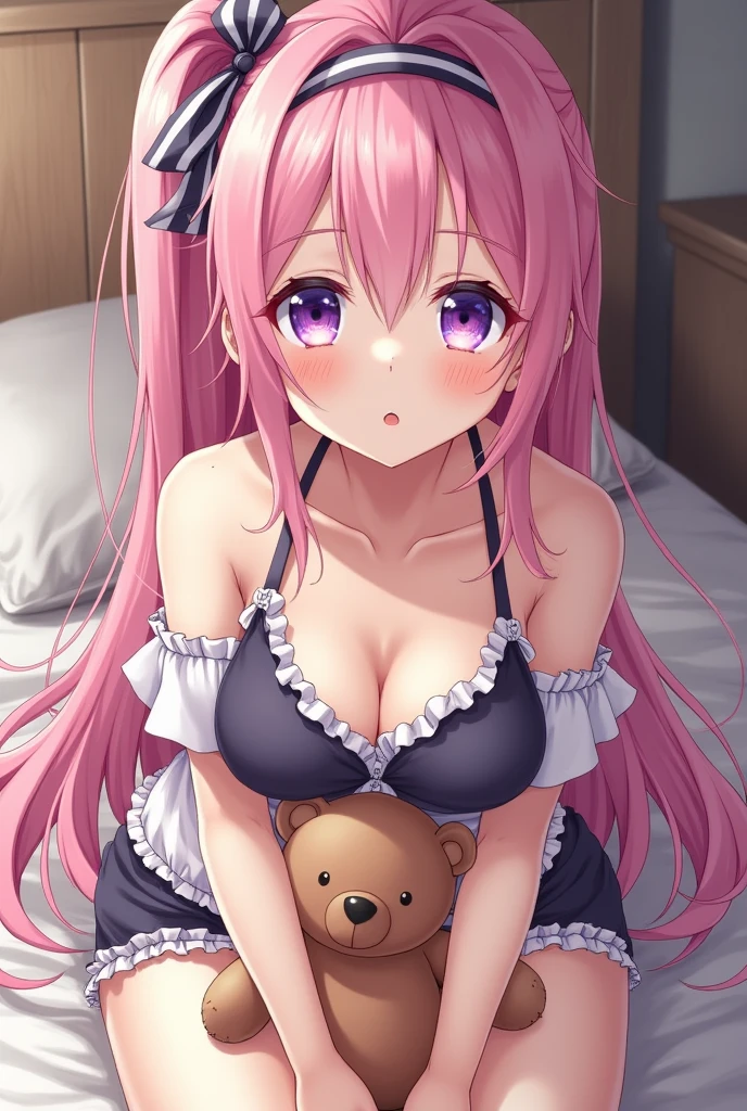 best quality, masterpiece, super details, fine fabrics, high detailed eyes and detailed face, extremely fine and detailed, perfect details, 1 girl, solo, upper body, very long hair, looking at viewer, innocent expression, violet eyes, japanese school swimsuit, pink hair, ribbon hairband, frilly sleeves, ponytail, indoor, bedroom background, sitting on bed, playing with teddy bear