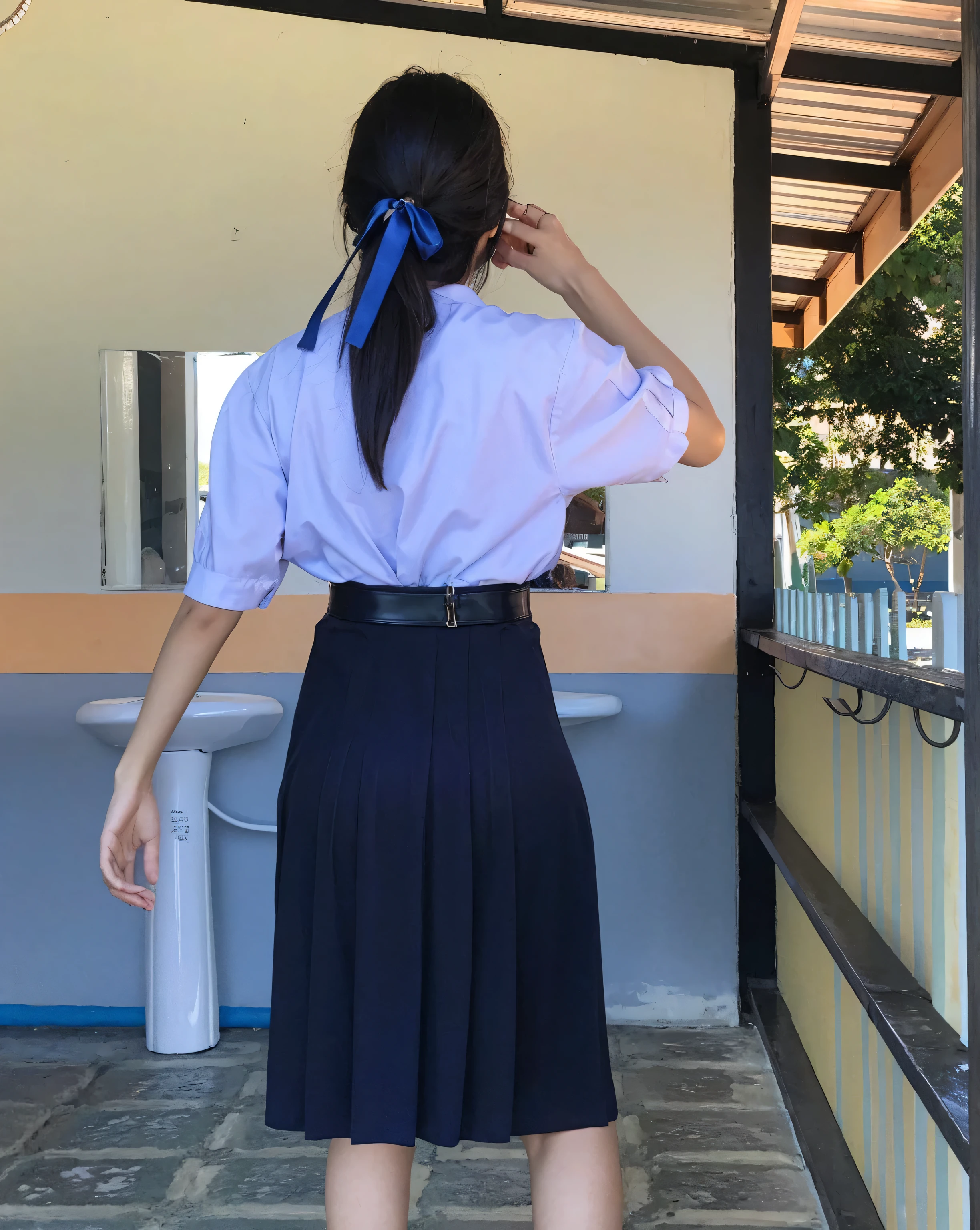 best quality, 8k, highly detailed face and skin texture, big booty long hair asian girl in blue short latex dress at balcony with sea view, looking at viewer, back view, sharp focus
