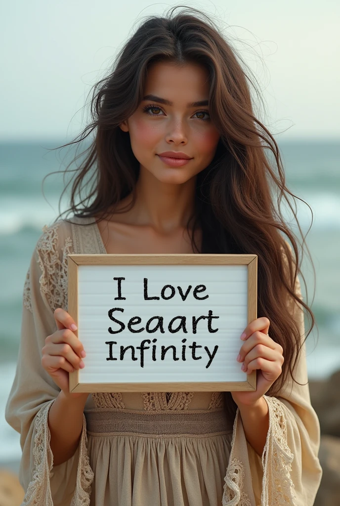 Beautiful girl with wavy long hair, bohemian dress, holding a white board with text "I Love Seaart Infinity" and showing it to the viewer