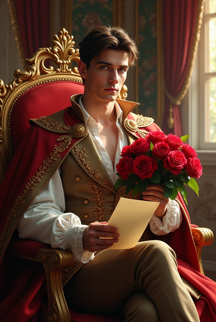 A handsome young prince is holding a letter and a roses. Sitting in the palace.