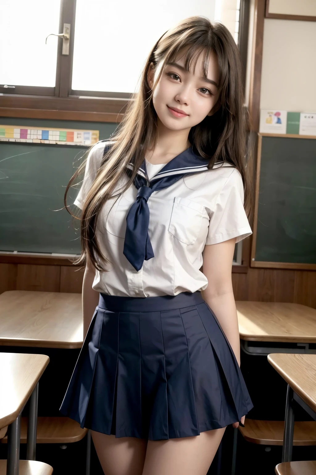  (8K, best quality, masterpiece:1.2), (realistic, photo-realistic:1.37), (high color saturation:1.0),  (highly detailed skin), (highest quality:1.0), (ultra high resolution:1.0) ,(realistic:1.0), (Super detailed:1.0), (8K, Raw photo:1.1)、standing random pose, smiling, natural breast, perfect lighting, ((3girls students)), 18years old, (mysterious), clear and detailed, ((school_uniform, Japanese sailor uniform, flared skirt)), (classroom), cute face, (no panties),