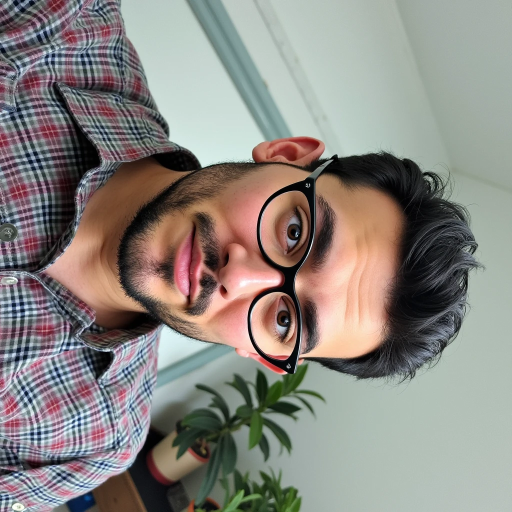 Dark-haired man with black hair wearing glasses and a Disney Pixar checkered shirt 