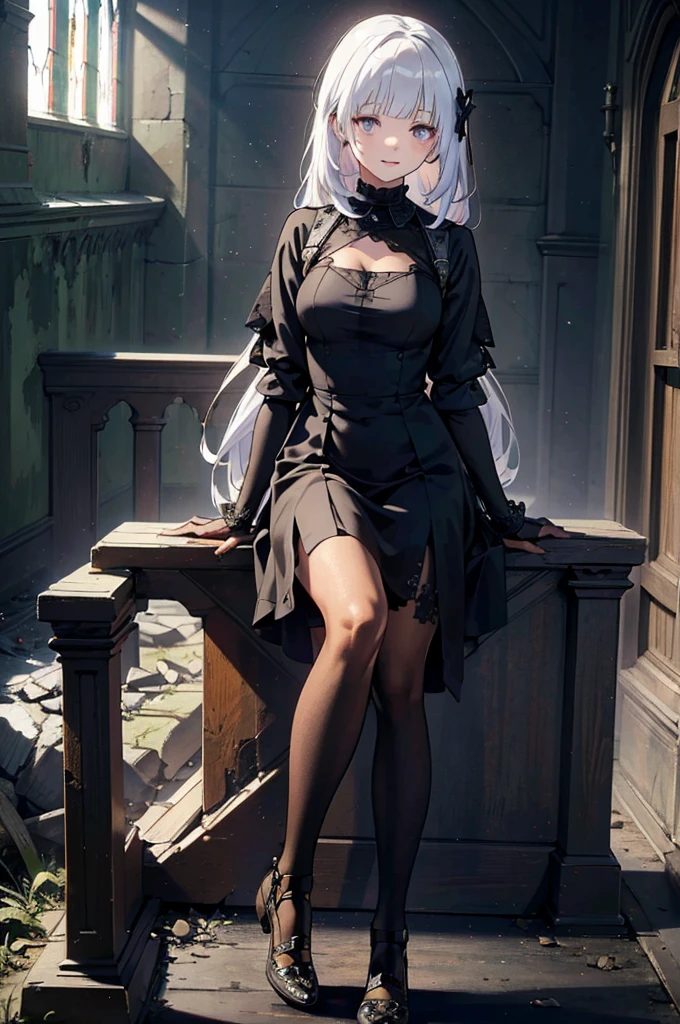 Highly detailed wallpaper, Extremely detailed, Detailed Shadows, Very accurate and detailed, Highly detailed 8K wallpapers, Very nice 8K CG wallpaper,Old abandoned church. Sitting Girl. Her black dress was torn々It's dirty. Her white dull hair is long and hairy. Light is shining through cracked stained glass windows.