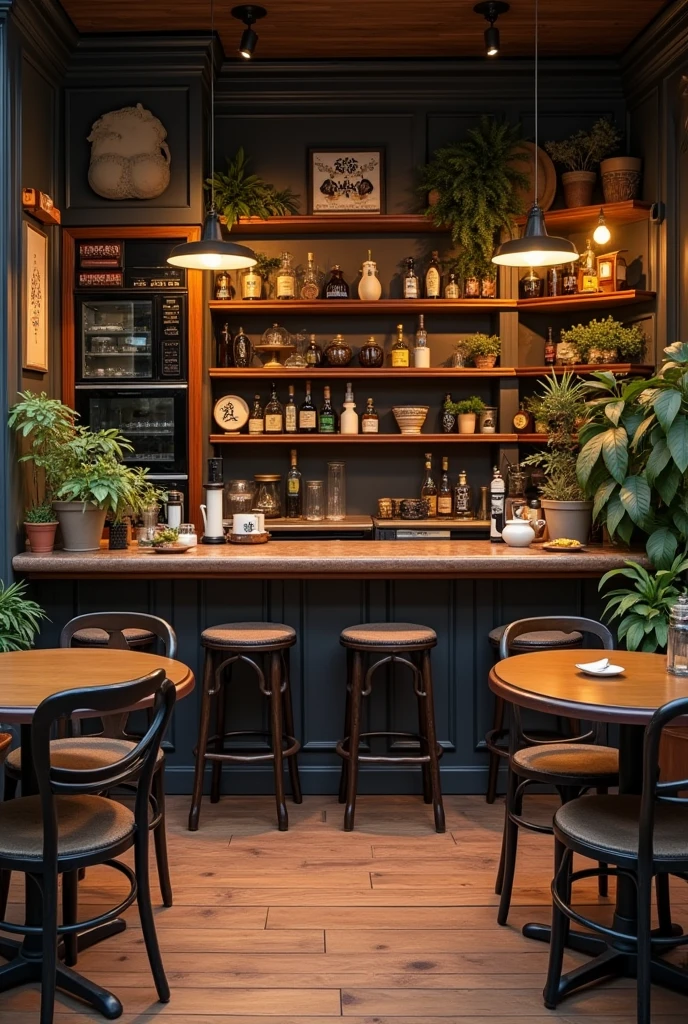 The front of Ghibli style cozy, vintage, jazzy, brown and black theme big cafe