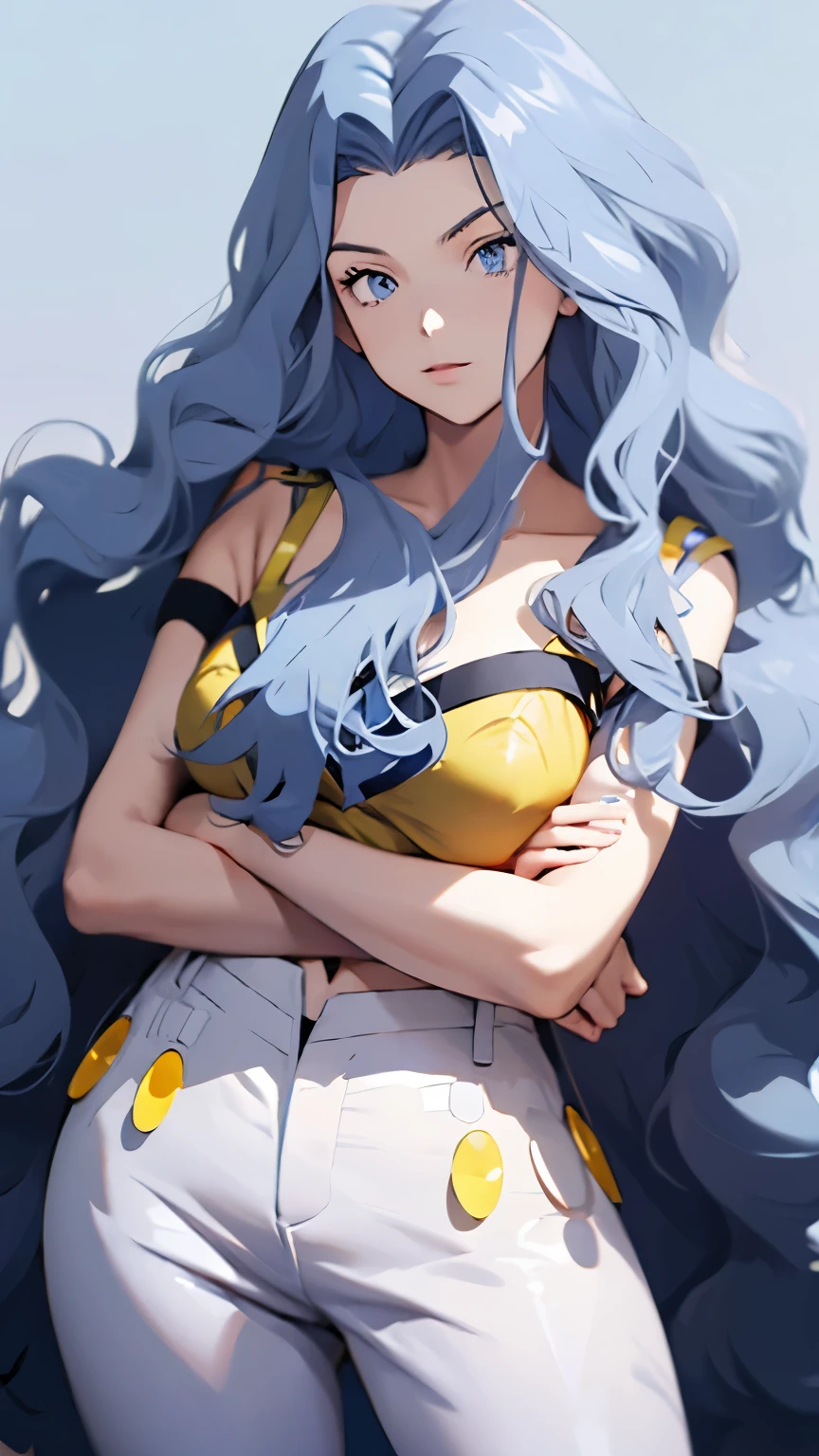 woman, pkmnKaren, karen, long hair, curly hair, wavy hair, very voluminous hair, blue hair, light eyes, blue eyes, wearing, yellow crop top, white pants. woman is standing. white background. full body.