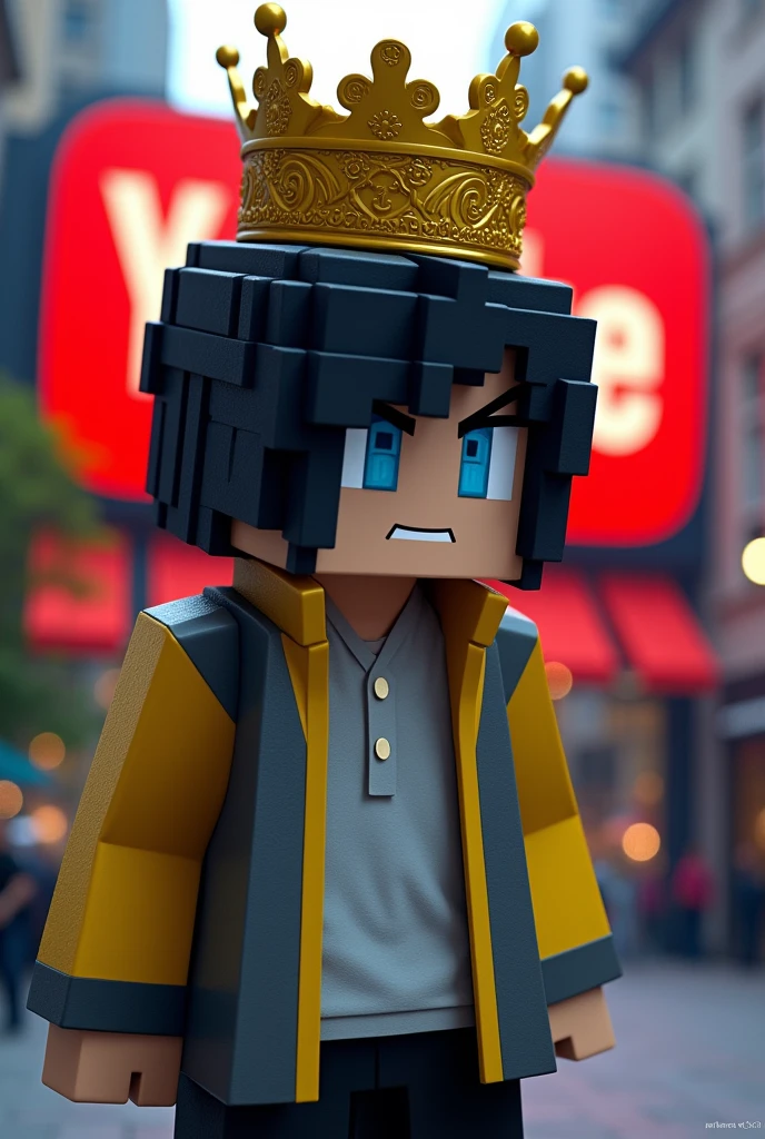 Create minecraft logo with black hair and gray and yello  jacket into youtube logo have a  blue eye have a crown