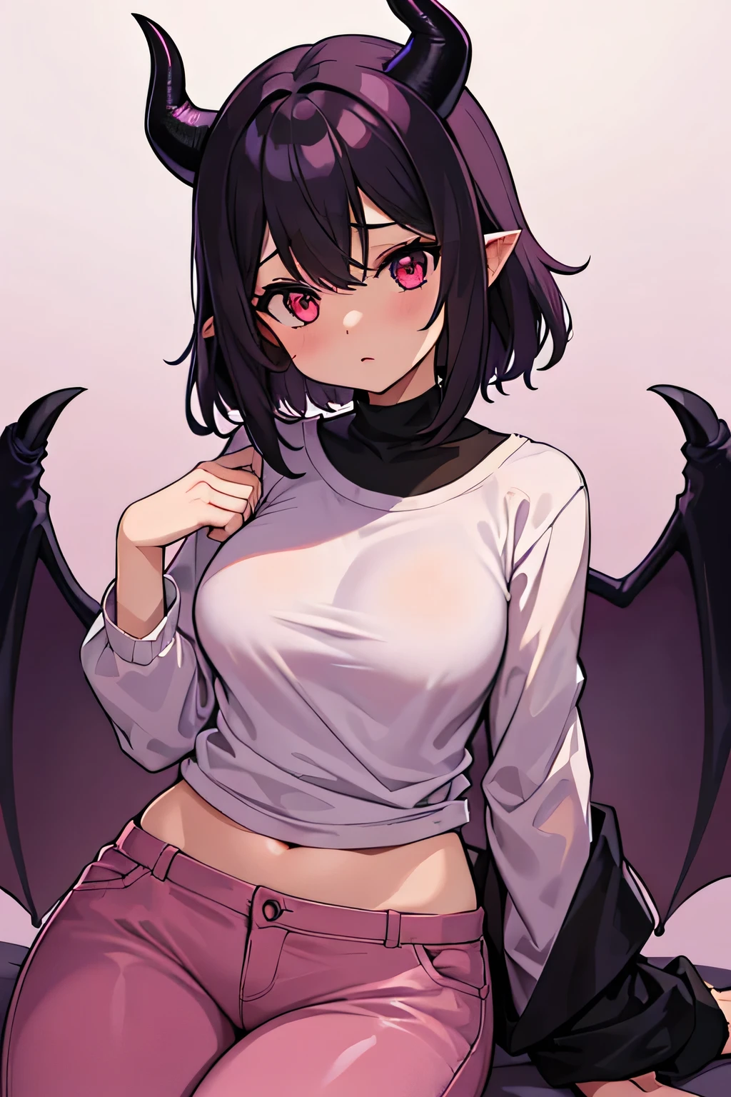 a 28 year old demon girl, soft pink skin tone, short fluffy black afro hair, demon wings, horns, soft pink skin tone, wearing a shirt and pants