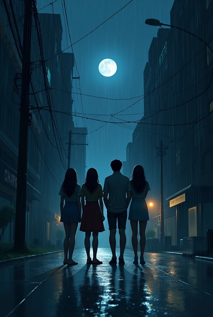 2 man with 2 girl night standing in city road and moonlight with slow rain