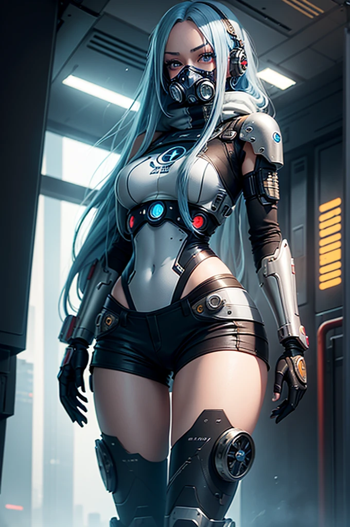 Beautiful sexy girl with long blue hair with gas mask on her face, cyborg robot, prosthetic arm, looks at me at full height, cyberpunk, Space City, short shorts, sexy hips, Blue eyes, background blue lights anime style