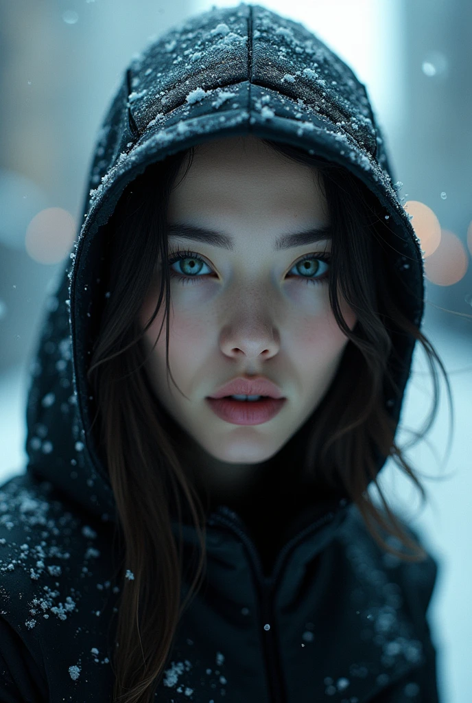 cinematic portrait, dark theme, frost, future, snow, ice, sharp photo focus, street, symmetrical face, look at camera, detailed face, photo studio, awesome light, muted colors :: Fashion Photographer