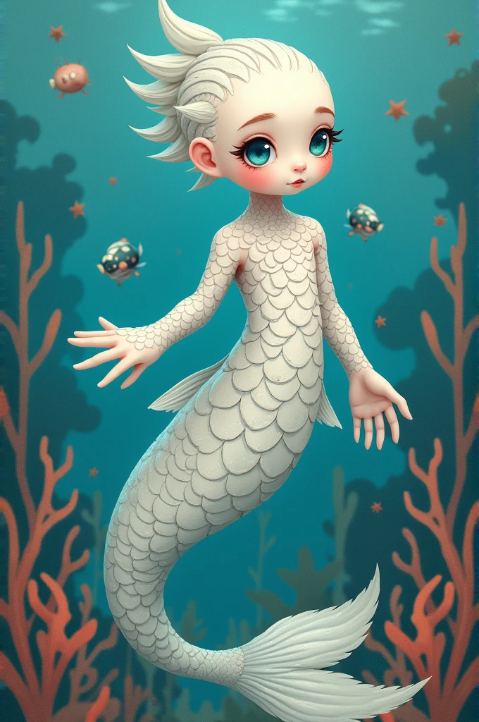 A  man mermaid with white scales on the theme of a manga 