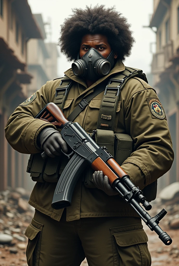 create a chubby afro-descendant soldier with a gas mask and ak47