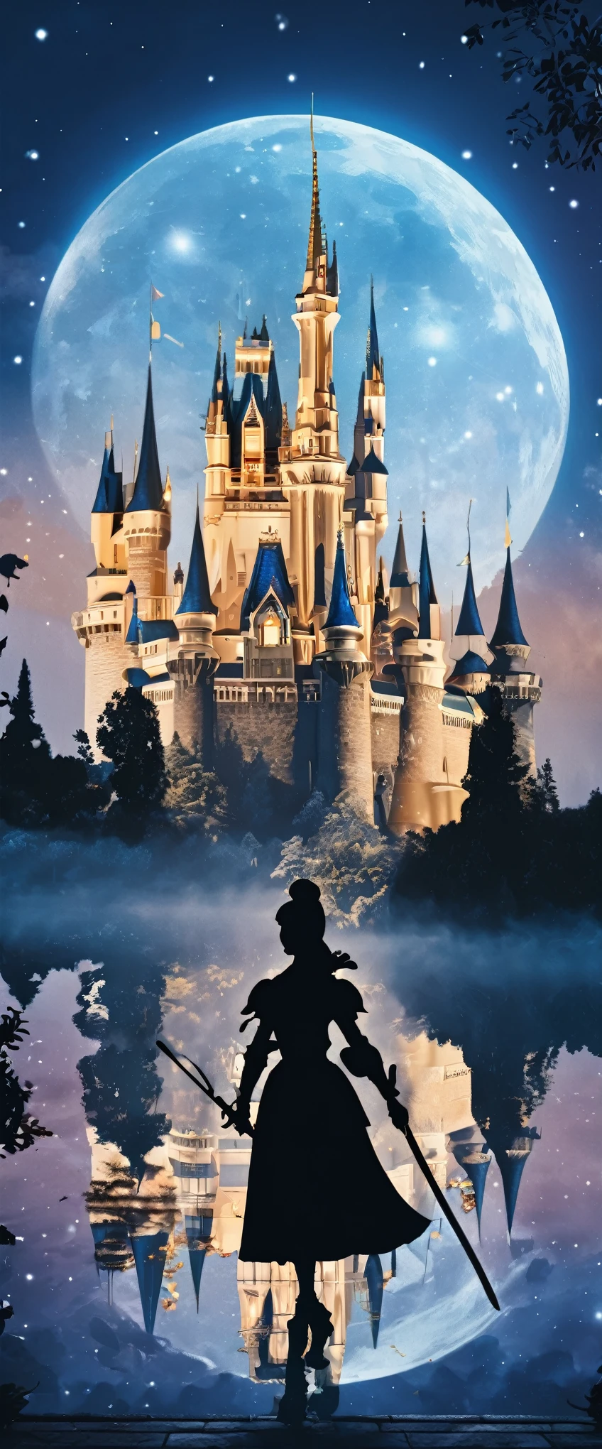 (8k, Highest quality, masterpiece)，Double Exposure, silhouette, (, One Female Swordsman, ), Close-up, Moonlit Night, Cinderella Castle, Outdoor, 