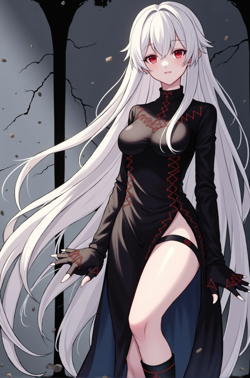 Girl with long white hair down to her waist, with small red details, red eyes, long black dress with a leg slit, with red details, long black boots up to below the knees, white skin, the ground around her is cracking and small stones are floating around her surrounded by a black aura, pelo canoso　ojo rojo　Ropa negra　La guadañaを持っている　botas　Cocina dos enfermedades　Frío　cuervo　La guadaña　dark　dark darkness　大La guadaña　grim Reaper Big moon
