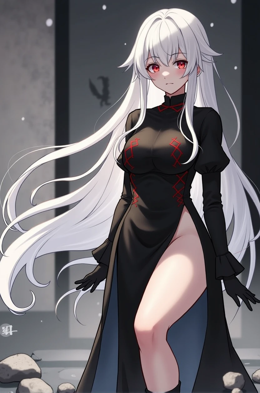 Girl with long white hair down to her waist, with small red details, red eyes, long black dress with a leg slit, with red details, long black boots up to below the knees, white skin, the ground around her is cracking and small stones are floating around her surrounded by a black aura, pelo canoso　ojo rojo　Ropa negra　La guadañaを持っている　botas　Cocina dos enfermedades　Frío　cuervo　La guadaña　dark　dark darkness　大La guadaña　grim Reaper Big moon