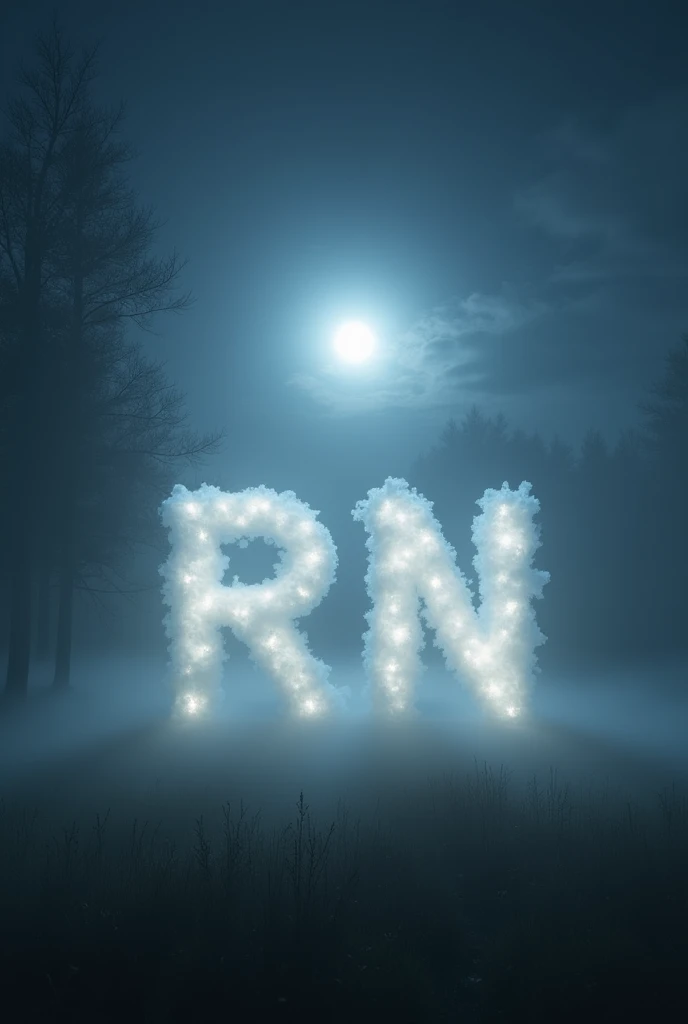 In the center of the image (1200 x 628 pixels), Large initials 'RN' are formed from white fluffy clouds, dimly lit by moonlight. The lyrics have a soft, ethereal quality., merging with the surrounding environment. The scene is shrouded in a thick night fog that creates a mysterious and dreamlike atmosphere.. The fog gently envelops the cloud letters, intensifying the surreal feeling of the image. The color palette is nocturnal, with shades of white, gray, dark blue and black, which adds a sense of tranquility and dreaminess to the nighttime atmosphere.