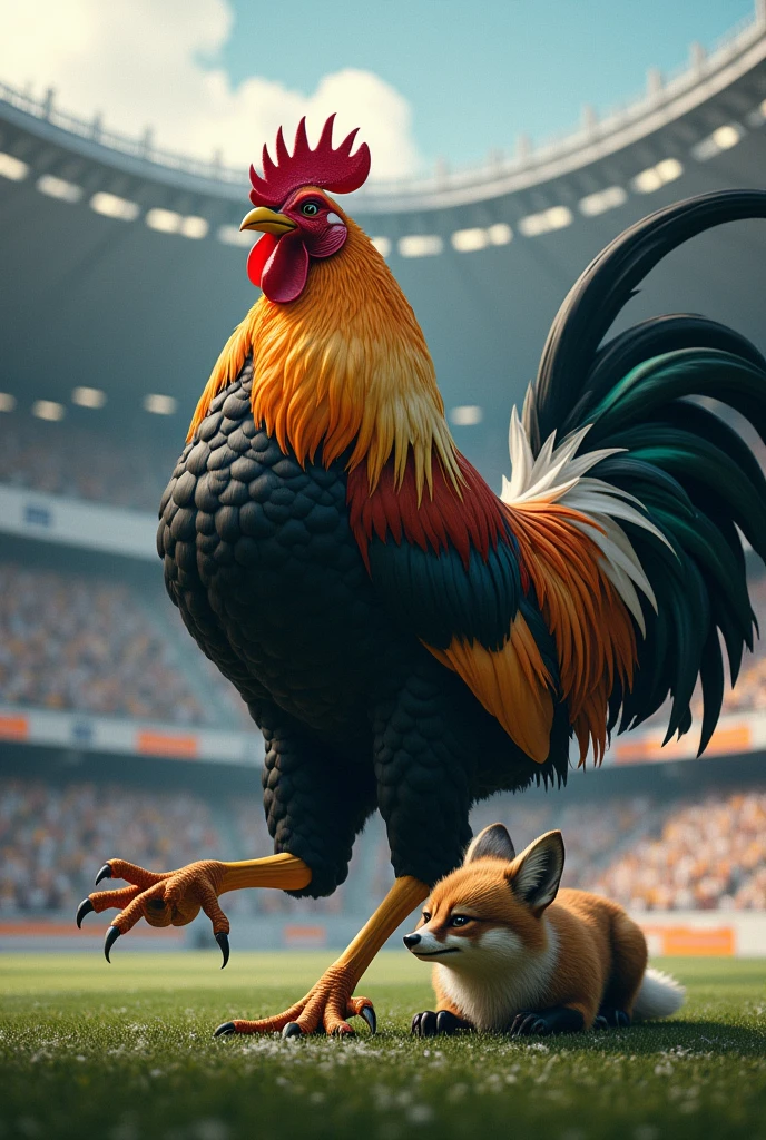 A very large and strong muscular ROOSTER with black and gold white feathers beating an injured and crying fox inside a football stadium with the Atlético Mineiro symbol in the background