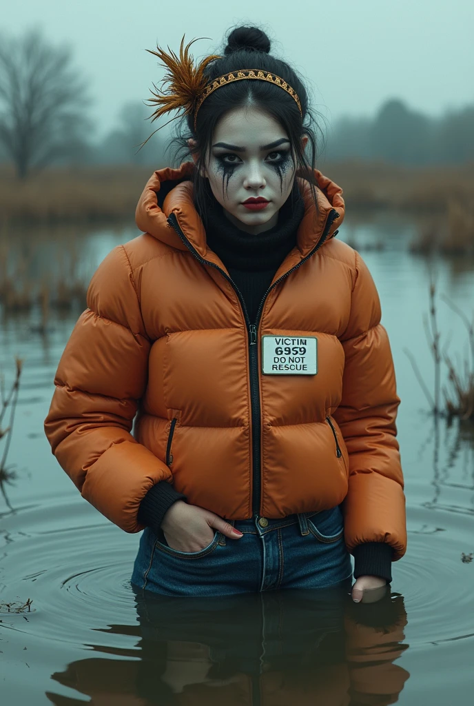 woman, sport light down jacket,sport small race bib "VICTIM 6969 DO NOT RESCUE", flared jeans, stuck in bog, headdress,makeup.collar only