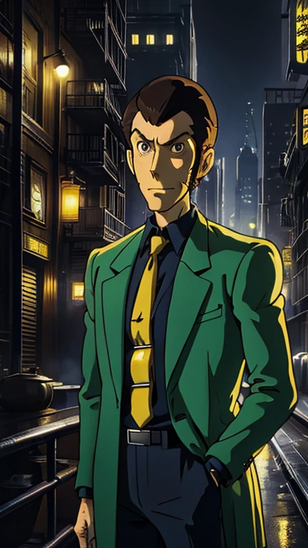 (1man, Lupin), (extremely detailed CG unit 8k wallpaper),(master part), (best quality), (ultra detail), (best illustration),(ghibli style), cowboy shot, (Sharp eyeliner, ombre, detail eyes:1), dark city, outdoors, ,break , (mad-sincity), upper body,1940s, noir, night, green jacket, yellow tie, black shirt