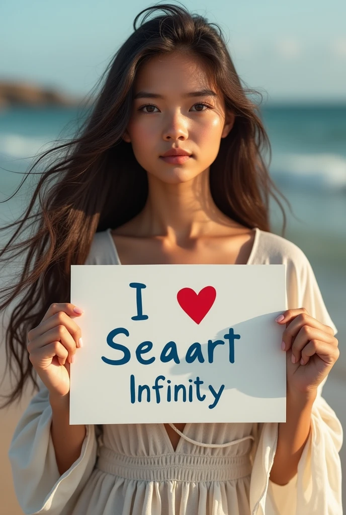 Beautiful girl with wavy long hair, bohemian dress, holding a white board with text "I Love Seaart Infinity" and showing it to the viewer