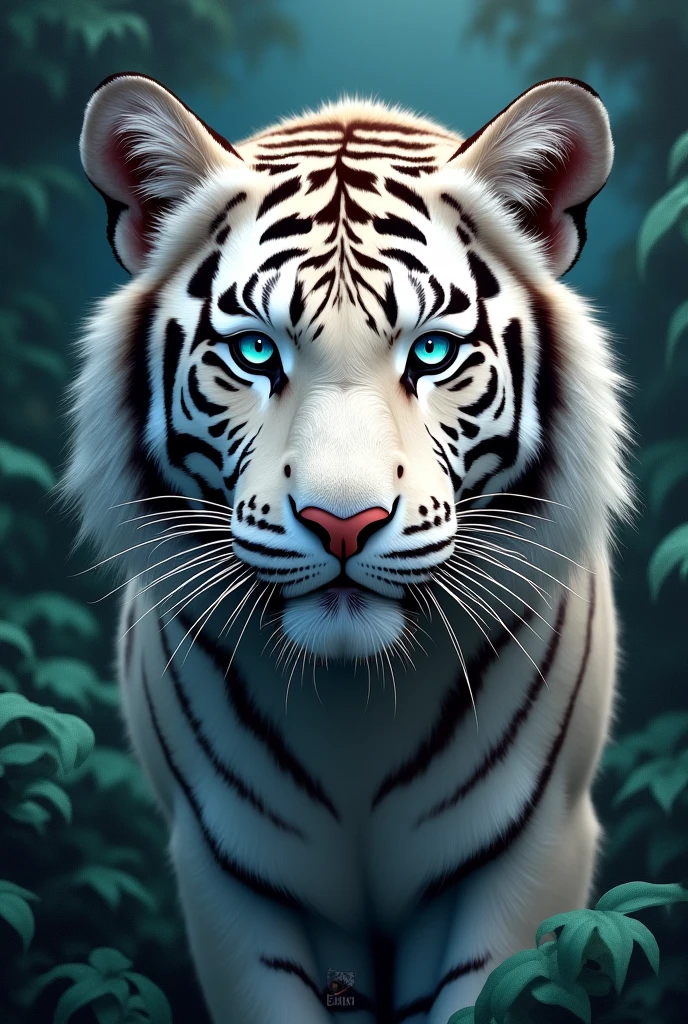 painting of white sabre tiger with blue eyes in the jungle 