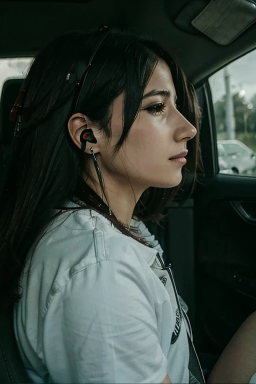 hay una mujer sentada en un auto with headphones puestos, with headphones, with headphones, sitting in her car, high quality cargo, Tifa Lockaert, photo taken in 2 0 2 0, very very low quality image, profile picture, Emylie Boivin , coming, driving, Profile picture 1024px, Profile picture, Profile picture en la cabeza