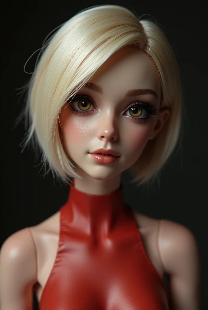 full-length, female face. short blonde hair combed to the side. detailed hair. wear a high-necked PVC dress)), ((realistic, super realistic, realism, realistic detail)) sensual look. Best Quality, Sharp Focus