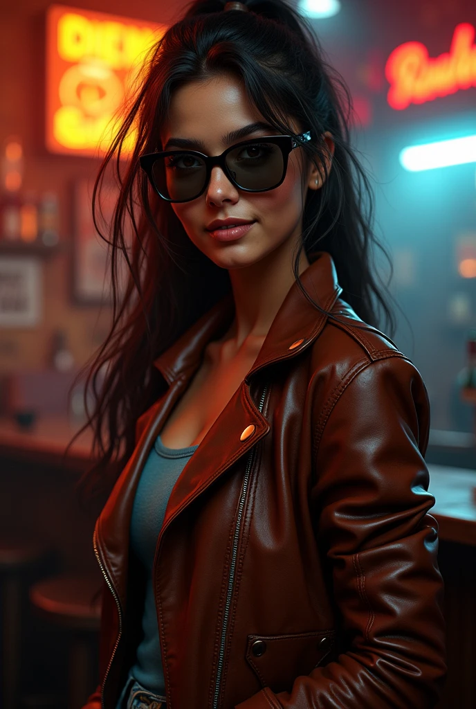 A 21 year old beautiful Indian girl with long hair smiling face beautiful eyes wearing a brown leather jacket and jeans pant sitting in a bar gangster look badass style pose ponytail hairstyle wearing sunglasses in eyes 