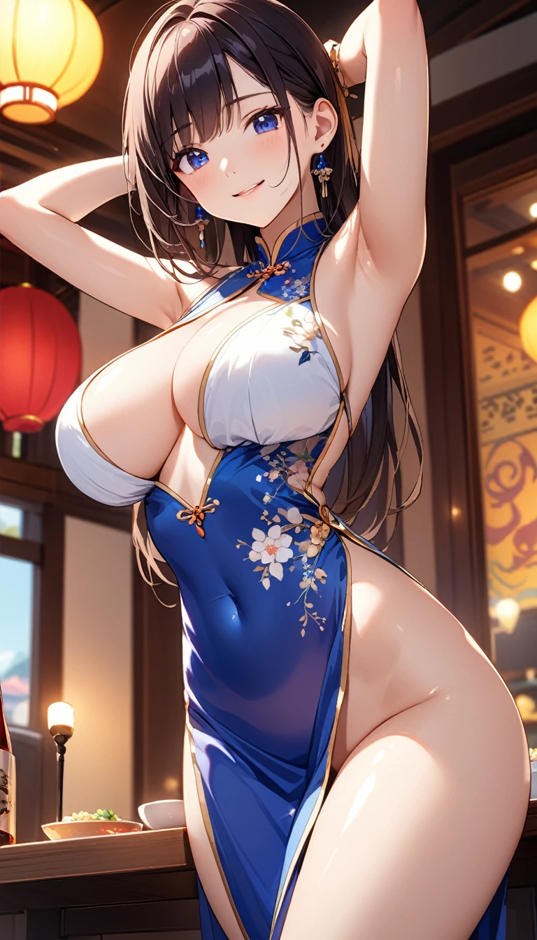 高いquality illustration, masterpiece, Very delicate and beautiful, Attractive girl,(Shiny white Chinese clothing),thin,Slender body,slim,Chinese restaurant background,Princess, Beautiful Eyes、smile、blush、(masterpiece, Highest quality:1.2), High res, Very detailed CG ユニティ 8k 壁紙, Perfect lighting, colorful, Ultra-high res,4K,Very detailed, photograph, 8k, High resolution, 、Thick pubic hair、Big Breasts、Armpits、Shooting from below