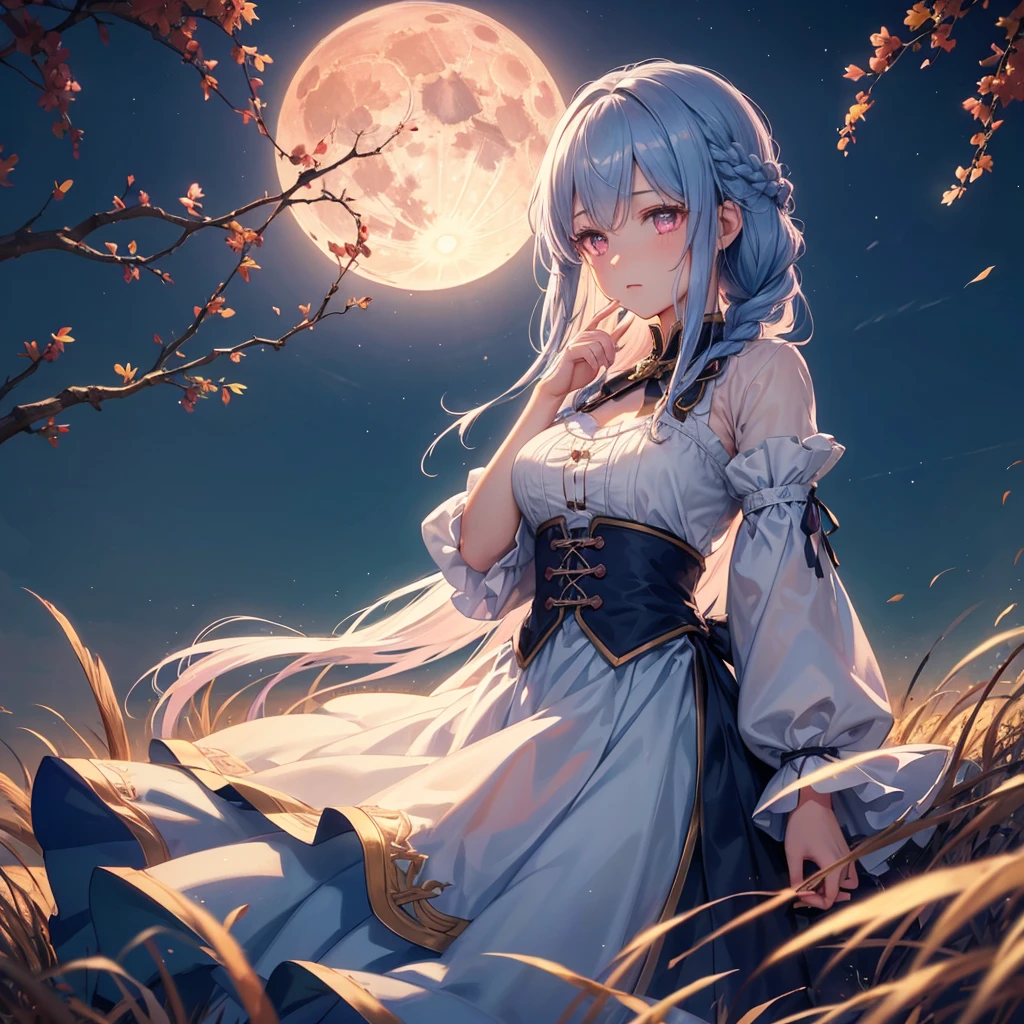 (Braiding),(Sky blue medium hair), (Pink eyes),(Fair skin) ,(whole body),(One Girl),(harvest moon),(A large amount of Miscanthus sinensis in the background),autumn,(full moon),(masterpiece, Highest quality, Very detailed, Best Shadow), (Detailed Background), (Beautifully detailed face), High Contrast, (Best lighting, Very delicate and beautiful), ((Cinematic Light)), Hyper Detail,8k, Dramatic Light, Intricate details