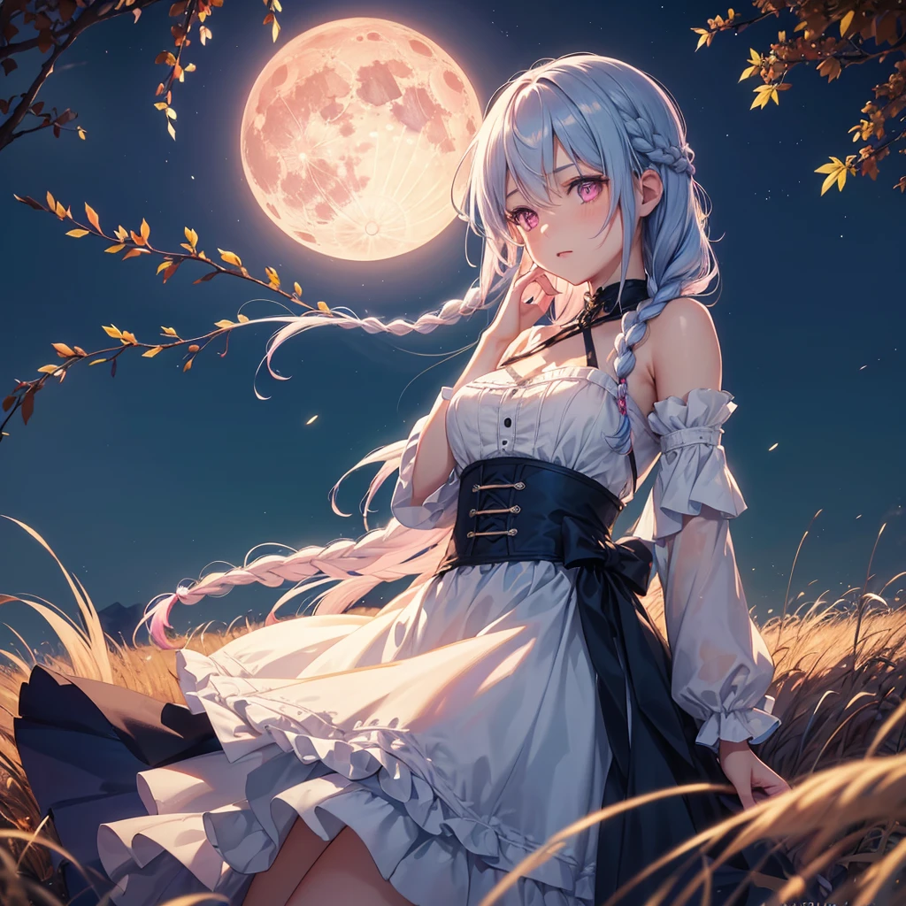 (Braiding),(Sky blue medium hair), (Pink eyes),(Fair skin) ,(whole body),(One Girl),(harvest moon),(A large amount of Miscanthus sinensis in the background),autumn,(full moon),(masterpiece, Highest quality, Very detailed, Best Shadow), (Detailed Background), (Beautifully detailed face), High Contrast, (Best lighting, Very delicate and beautiful), ((Cinematic Light)), Hyper Detail,8k, Dramatic Light, Intricate details