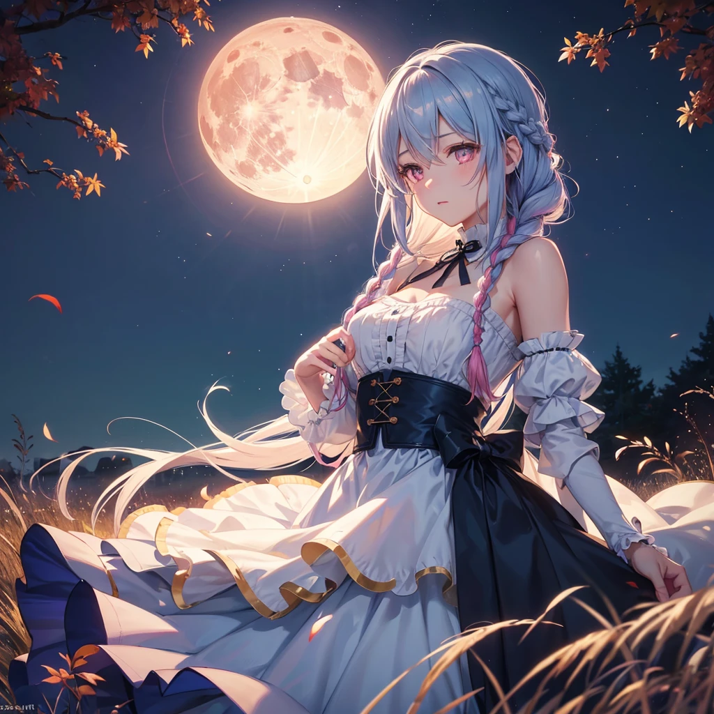 (Braiding),(Sky blue medium hair), (Pink eyes),(Fair skin) ,(whole body),(One Girl),(harvest moon),(A large amount of Miscanthus sinensis in the background),autumn,(full moon),(masterpiece, Highest quality, Very detailed, Best Shadow), (Detailed Background), (Beautifully detailed face), High Contrast, (Best lighting, Very delicate and beautiful), ((Cinematic Light)), Hyper Detail,8k, Dramatic Light, Intricate details