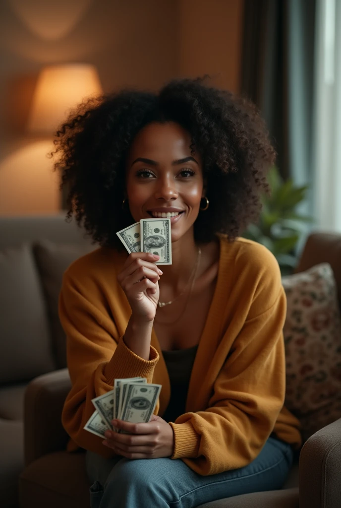 40 year old black woman smoking weed with money in hand