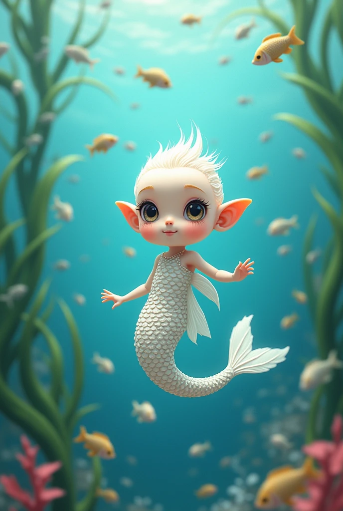 A little man mermaid with white scales on the theme of a manga