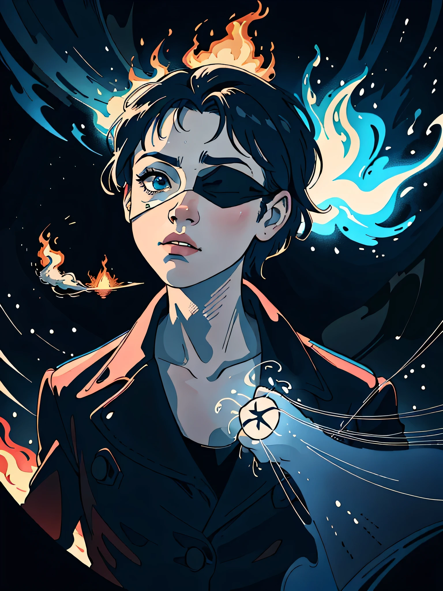 A rotoscoped film still of Patolino wearing an eye patch like a pirate, campy and hyperrealistic hand-drawn animation, dark digital art style with subtle American animation influence, minimalist composition with abstract flourishes, face bathed in intense ultraviolet technicolor ROYGBIV light, breathing fire, engulfed in raging flames, rich color grading, expressive hand-drawn lines reminiscent of a comic splash page, Prano Bailey-Bond lighting creating an unsettling atmosphere, surreal David Lynch-esque mood, trippy and overwhelming visuals, profound imagery, flat illustration style with enhanced cartoon 2.5D effect, highly detailed