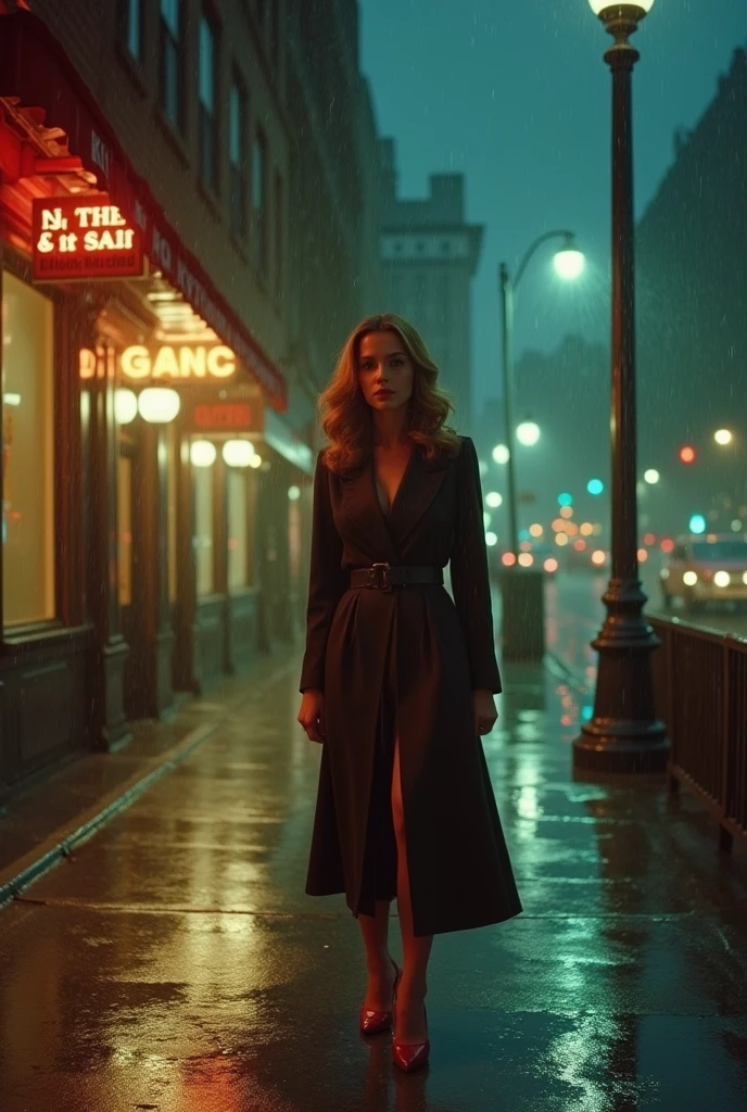 Portrait of a professional woman in the 1970s, Rainy Night,New York Office Building,full-body shot,High heel,Street light,Extremely detailed face, Low light, Perfect lighting, Nostalgia, ISO100, cinestill 800T, polarizing filter, Bright and bold colors, High-quality photos, Still frame from a movie