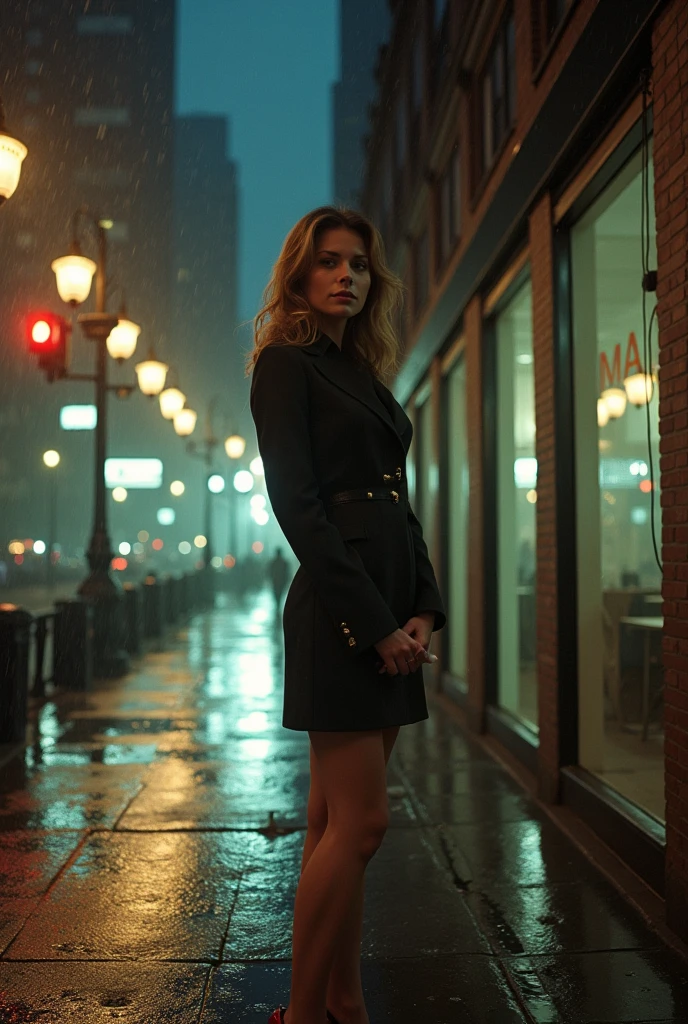 Portrait of a professional woman in the 1970s, Rainy Night,New York Office Building,full-body shot,High heel,Street light,Extremely detailed face, Low light, Perfect lighting, Nostalgia, ISO100, cinestill 800T, polarizing filter, Bright and bold colors, High-quality photos, Still frame from a movie