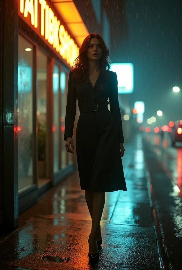 Portrait of a professional woman in the 1970s, Rainy Night，New York Office Building，full-body shot，High heel，Street light，Extremely detailed face, Low light, Perfect lighting, Nostalgia, ISO100, cinestill 800T, polarizing filter, Bright and bold colors, High-quality photos, Still frame from a movie