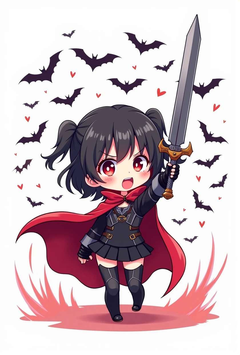 chibi style, 2D, anime, vampire girl rising sword, vampire fangs, red cloak, black light armor, bat fly around, (simple white background)