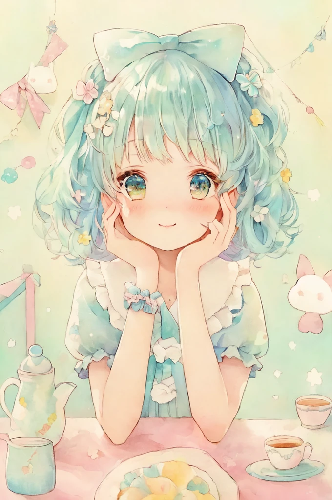 An anime girl with blue hair and a blue dress is sitting at a table, pretty girl, Cute Anime girl, Soft anime illustration, Cute Animeマンガスタイル, Turquoise hair anime girl, Cute Anime girl portraits, Cute Anime, Cute realistic portrait, Cute Animeの女の子, Cute art style, Cute Anime style, Cute Anime girl portrait, portrait of Cute Anime girl, Cute Colorful Adorable