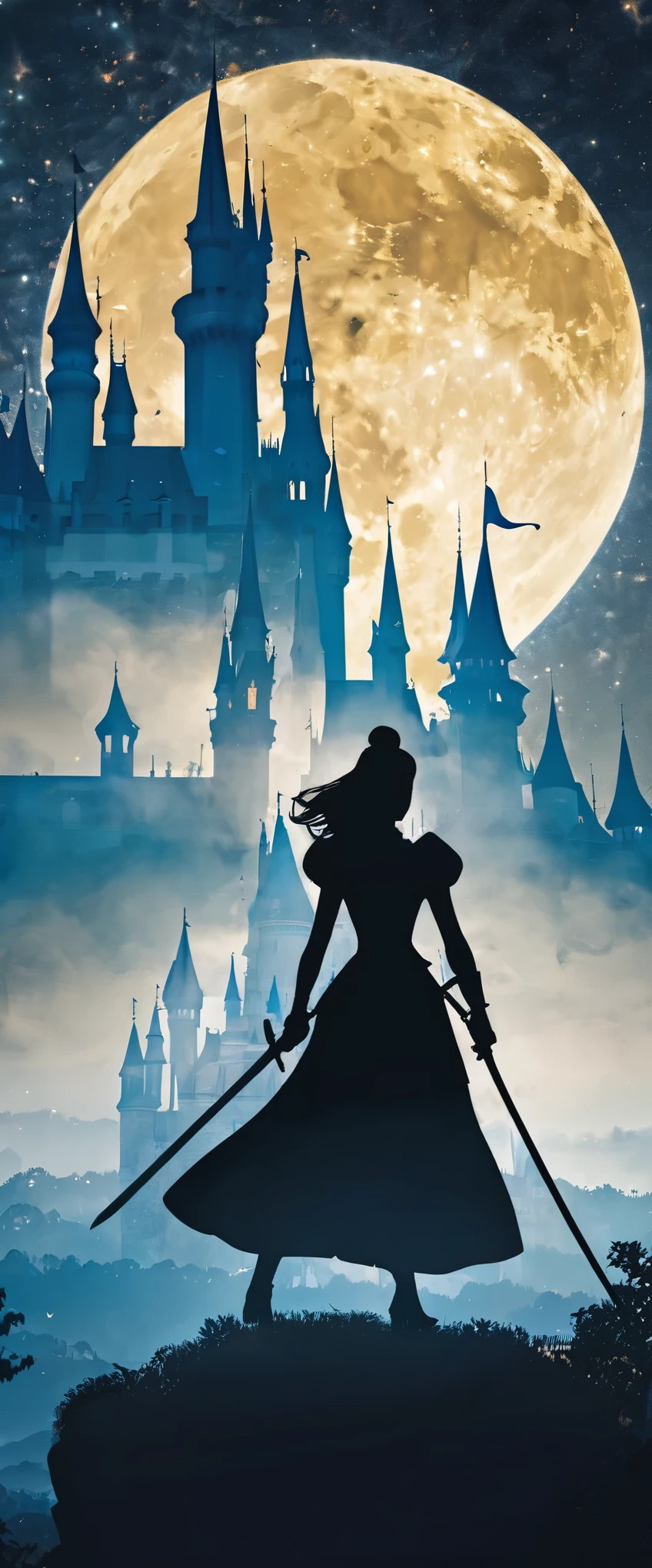 (8k, Highest quality, masterpiece)，Double Exposure, silhouette, (, One Female Swordsman, ), Close-up, Moonlit Night, Cinderella Castle, Outdoor, 