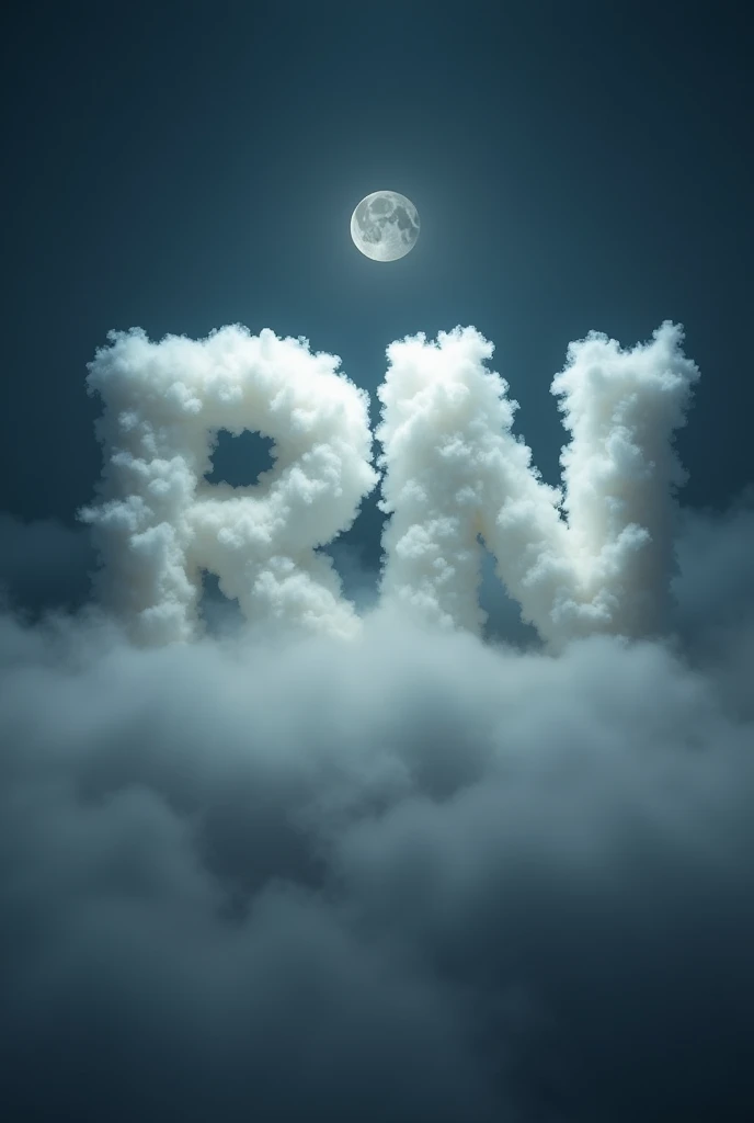 In the center of the image (1200 x 628 pixels), Large initials 'RN' are formed from white fluffy clouds, dimly lit by moonlight. The lyrics have a soft, ethereal quality., merging with the surrounding environment. The scene is shrouded in a thick night fog that creates a mysterious and dreamlike atmosphere.. The fog gently envelops the cloud letters, intensifying the surreal feeling of the image. The color palette is nocturnal, with shades of white, gray, dark blue and black, which adds a sense of tranquility and dreaminess to the nighttime atmosphere.