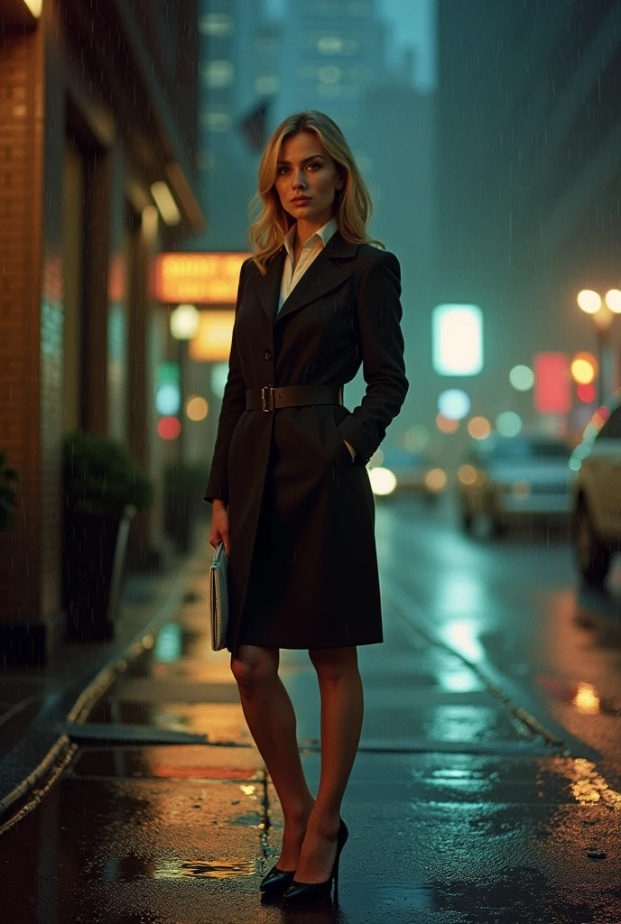 Portrait of a professional woman in the 1970s, Rainy Night,New York Office Building,full-body shot,High heel,Street light,Extremely detailed face, Low light, Perfect lighting, Nostalgia, ISO100, cinestill 800T, polarizing filter, Bright and bold colors, High-quality photos, Still frame from a movie