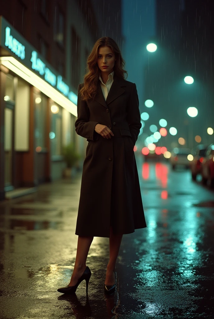 Portrait of a professional woman in the 1970s, Rainy Night，New York Office Building，full-body shot，High heel，Street light，Extremely detailed face, Low light, Perfect lighting, Nostalgia, ISO100, cinestill 800T, polarizing filter, Bright and bold colors, High-quality photos, Still frame from a movie