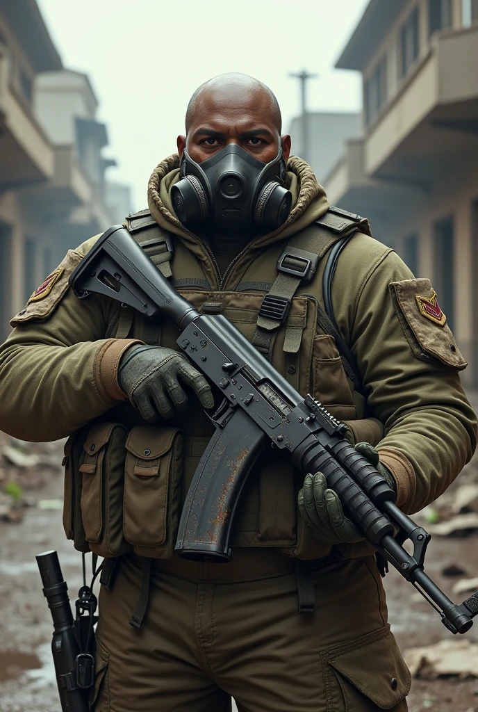 create a chubby bald African-American soldier with a gas mask and AK47