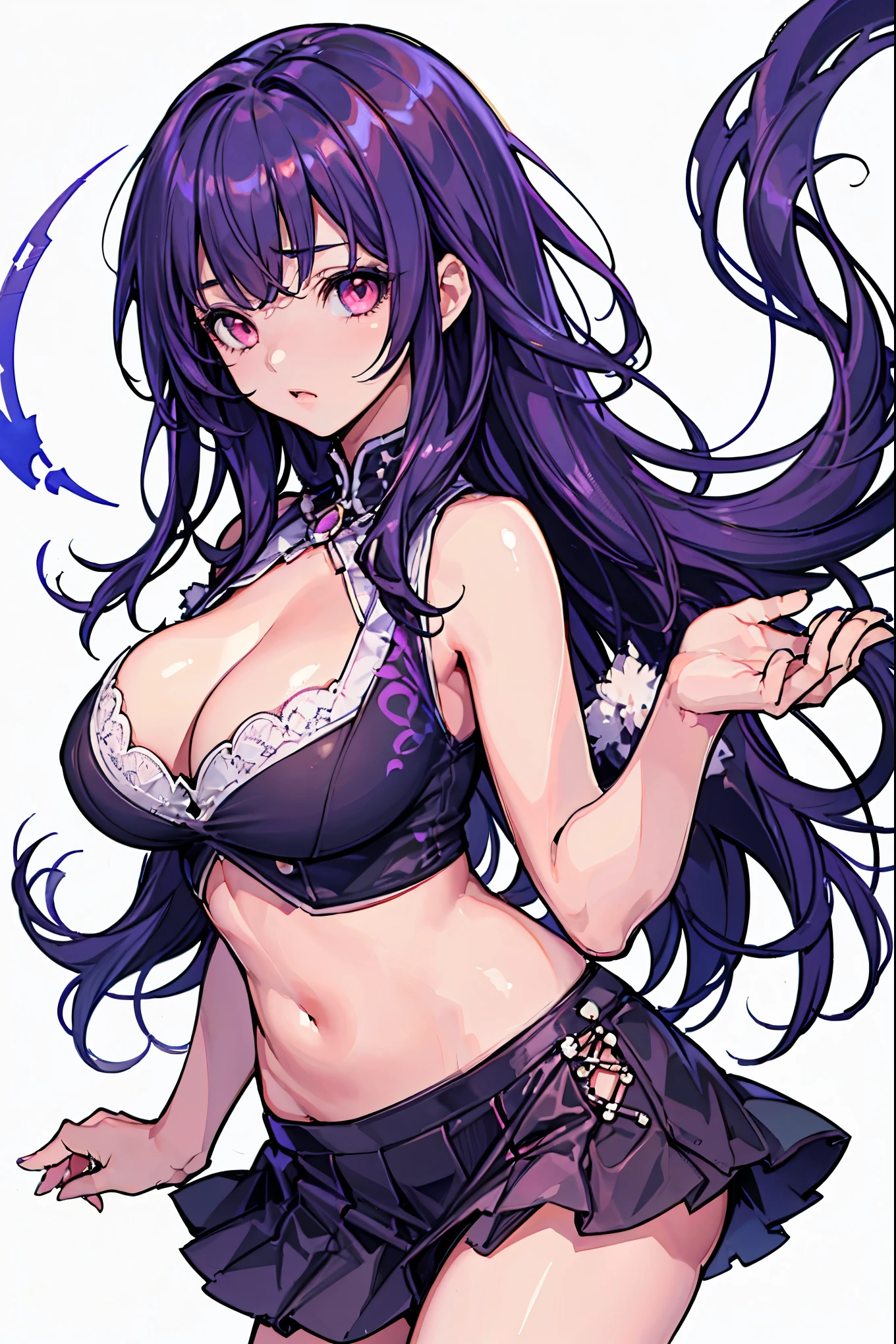 1girl, white background, red eyes, long hair, purple hair, bangs, crop top, bare shoulders, sleeveless, mini skirt, large breasts, cleavage, soft stomach